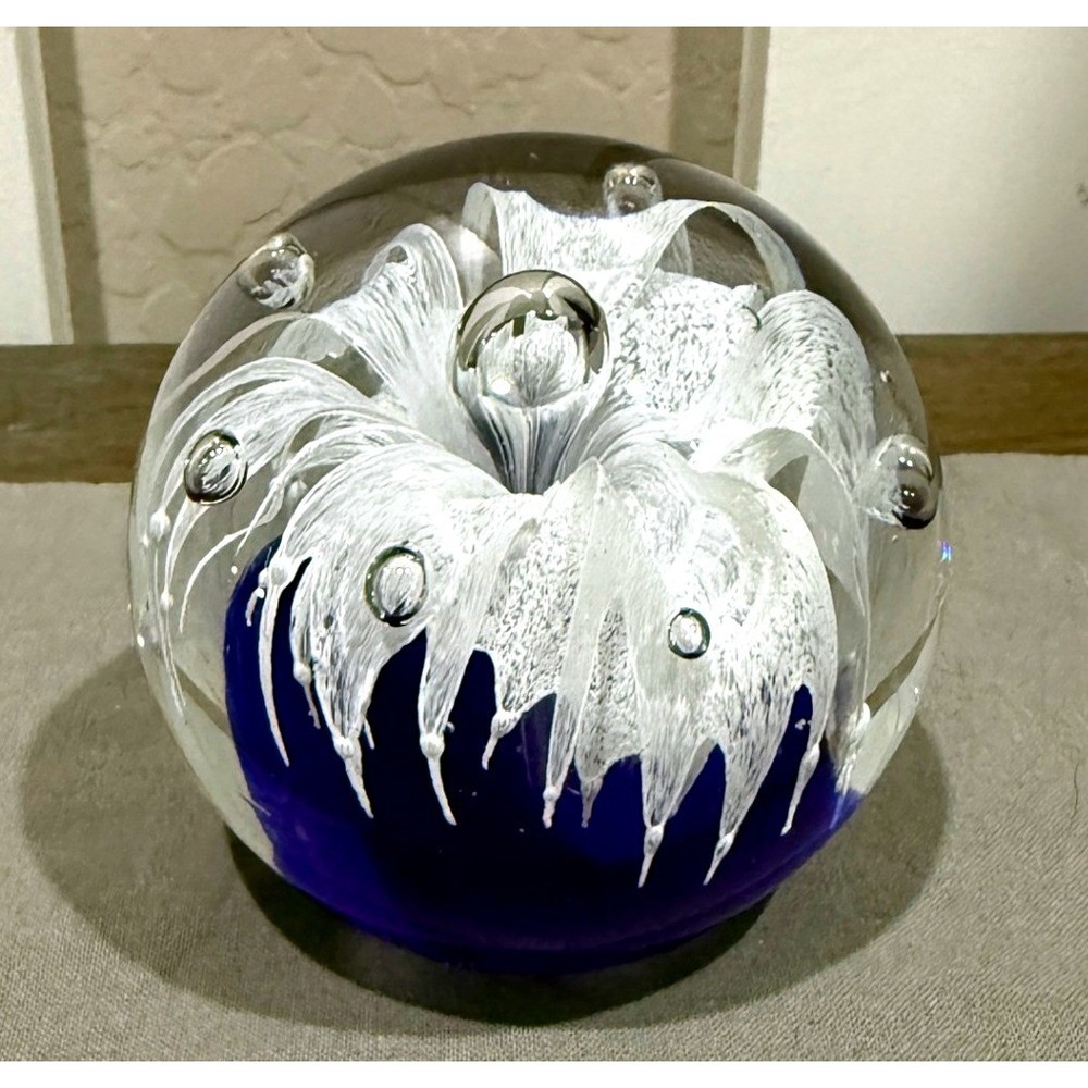 Cobalt Blue Art Glass Paperweight White Flower Controlled Bubble 3 Inch Sphere